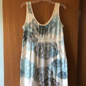 White tank dress with blue pattern print